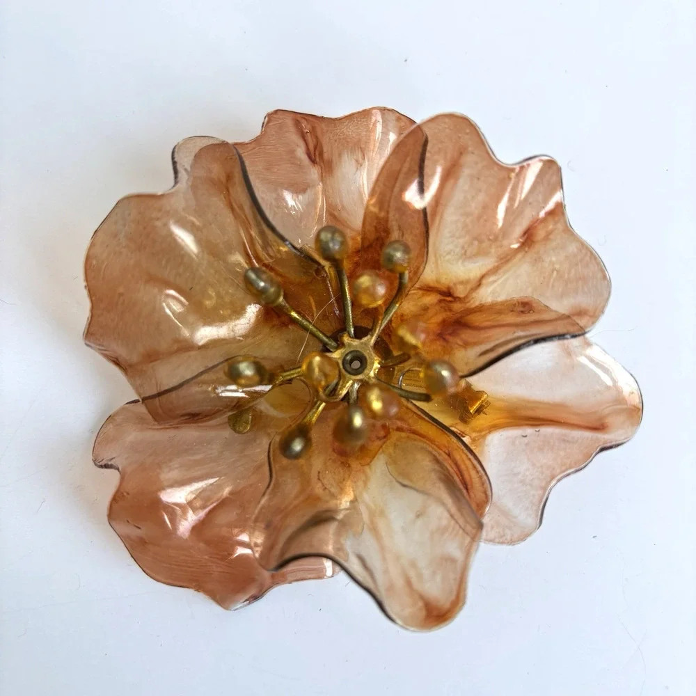 Vtg Lucite Flower Brooch Pink Peach Translucent 3D Floral Statement Pin